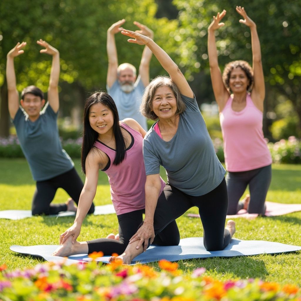 People doing yoga and stretching outdoors