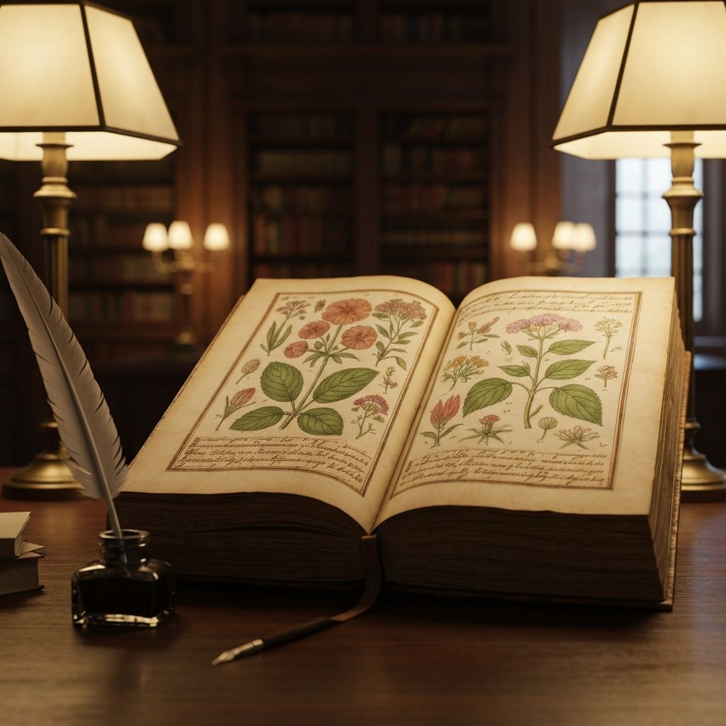 Open ancient herbal book with botanical illustrations in library lighting