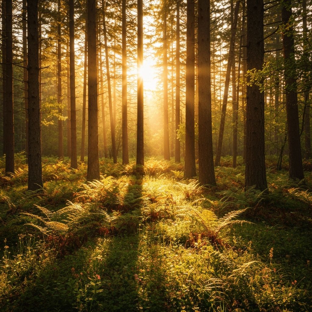 Golden sunlight streaming through trees in forest